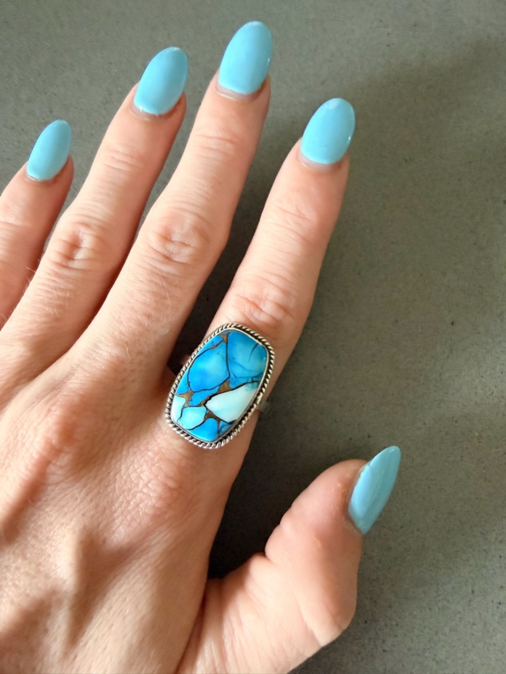 Turquoise Ice Blue Dahlia Statement Ring | 925 Sterling Silver Size 9 | New